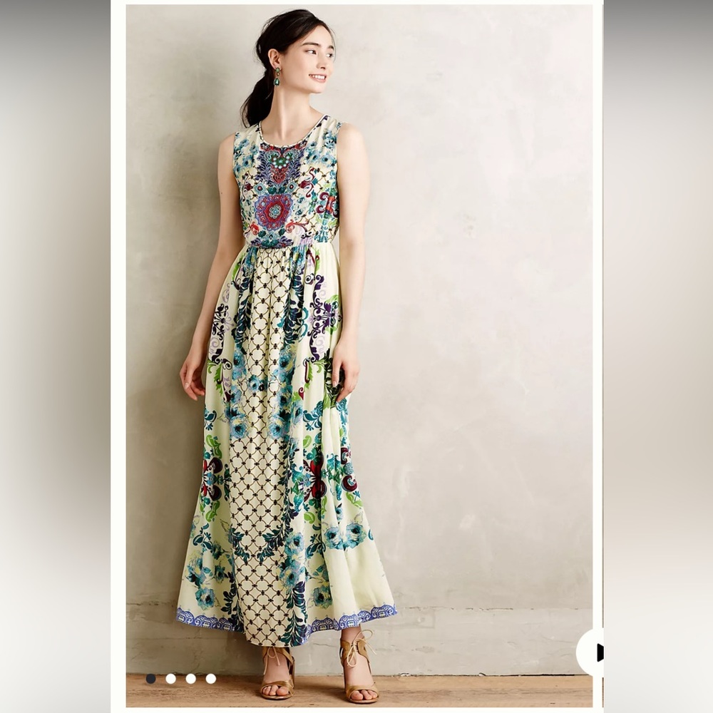 Anthropologie Hemant & Nandita Green Floral Beaded Silk Women’s Small Maxi Dress